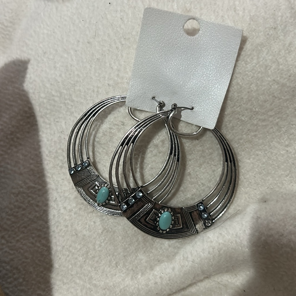 Nwt Free People Silver Aztec Turquoise Hoop Earrings 27$